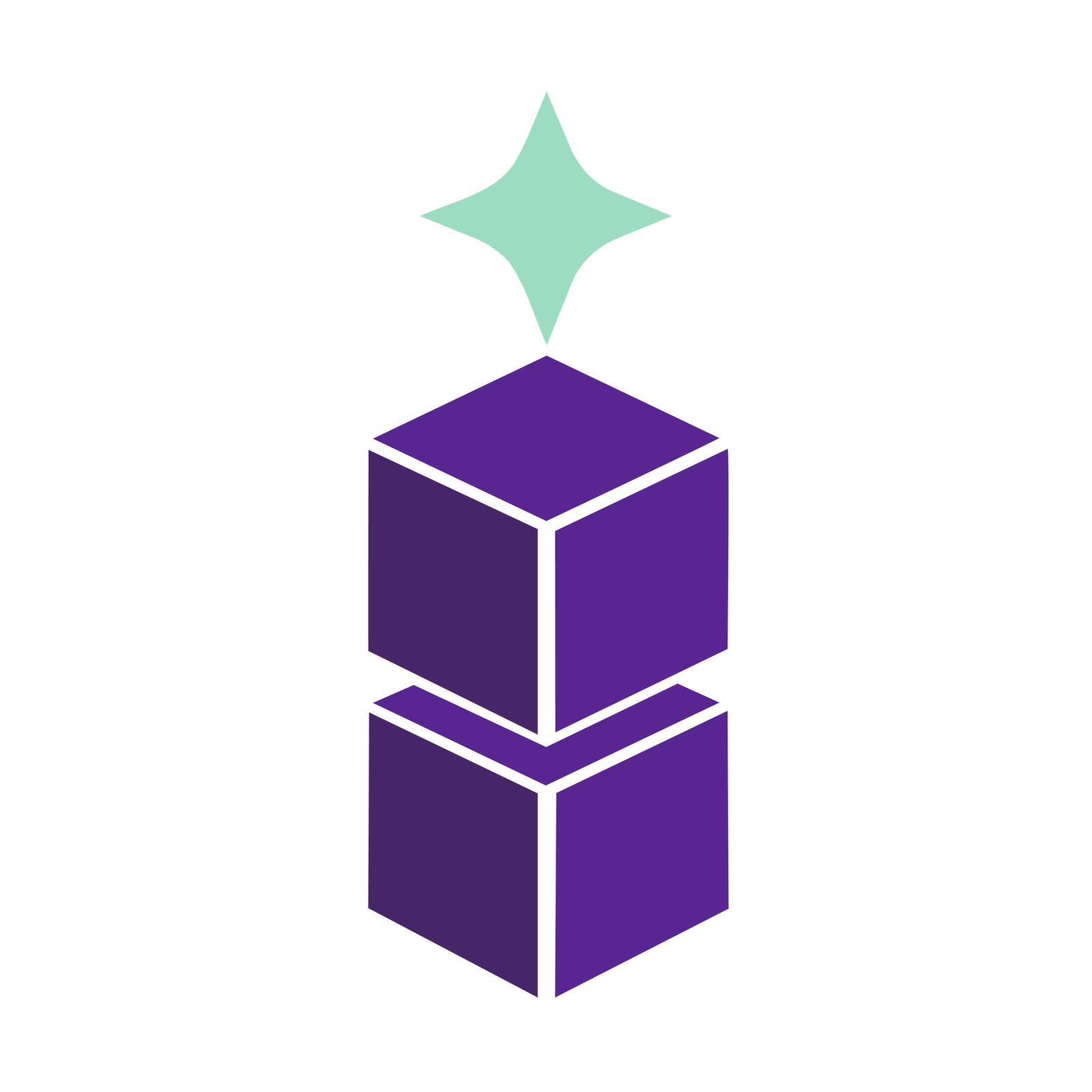 Iriphaos - Une pile de 2 cubes violets en illusion 3D avec un carrée lumineux vert au dessus.