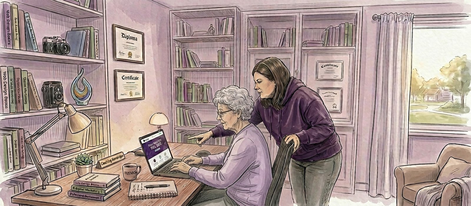 Iriphaos - Un dessin de profil d'une personne d'une cinquantaine d'année sur un ordinateur portable et avec une autre personne qui vient l'aider.