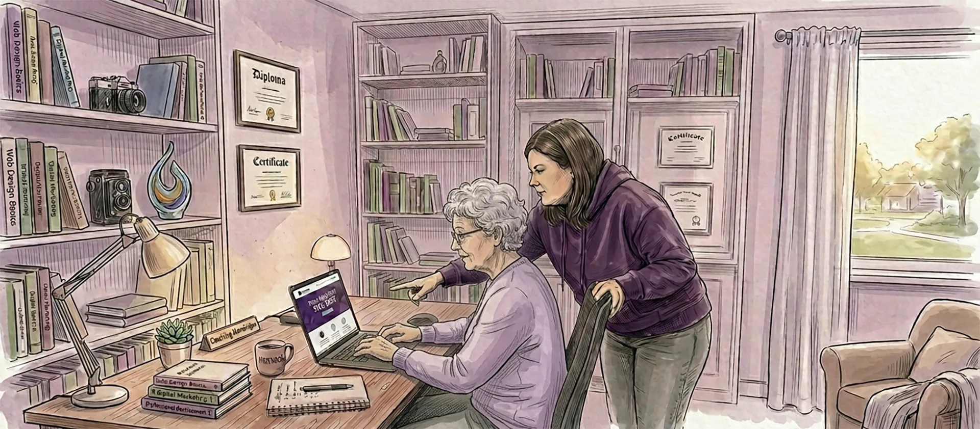 Iriphaos - Un dessin de profil d'une personne d'une cinquantaine d'année sur un ordinateur portable et avec une autre personne qui vient l'aider.