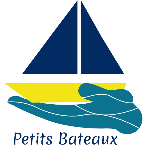 voilier avec une coque jaune et des voiles bleu nuit posé sur une main de couleur verte avec des lignes blanches dedans pour faire les vagues.