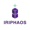 Une pile de 2 cubes violets en illusion 3D avec un carrée lumineux vert au dessus. et en dessous le nom IRIPHAOS de l'entreprise.